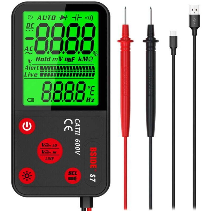 Multimetru digital automat reincarcabil cu afisaj mare, voltmetru inteligent ultra-subtire cu NCV, tester de tensiune DC/AC, continuitate, frecventa si rezistenta, include husa de transport