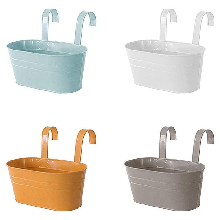 Set de 4 ghivece metalice suspendate, 27.5cm, galben/gri/alb/albastru, cu carlig detasabil