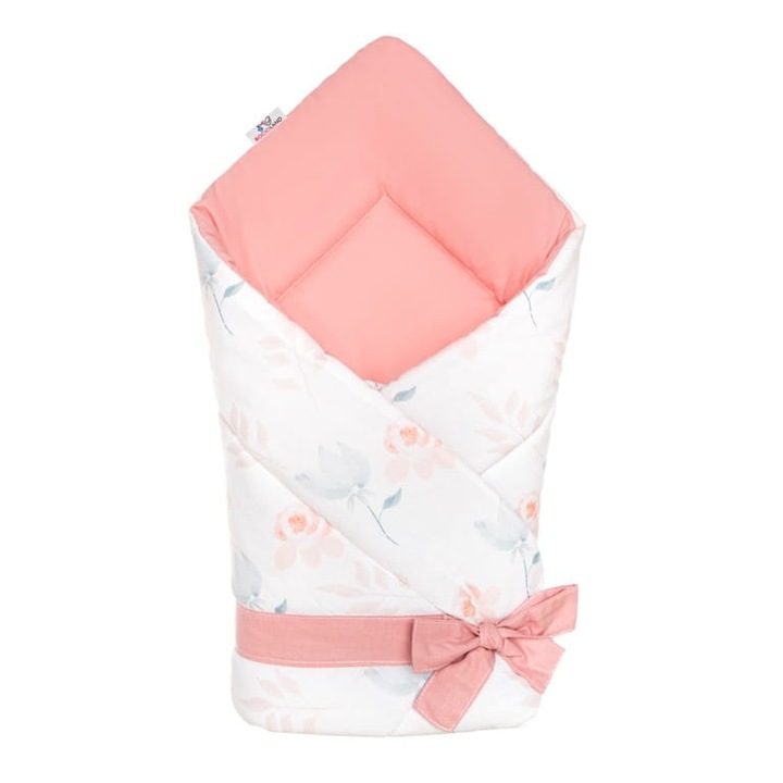 Paturica multifunctionala de infasat bebelusi Bocioland Bellflower 80x80 cm, din bumbac 100%, fixare cu panglica asortata