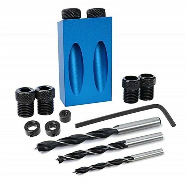 Set jig de gaurit cu 15 biti, albastru, pentru tamplarie