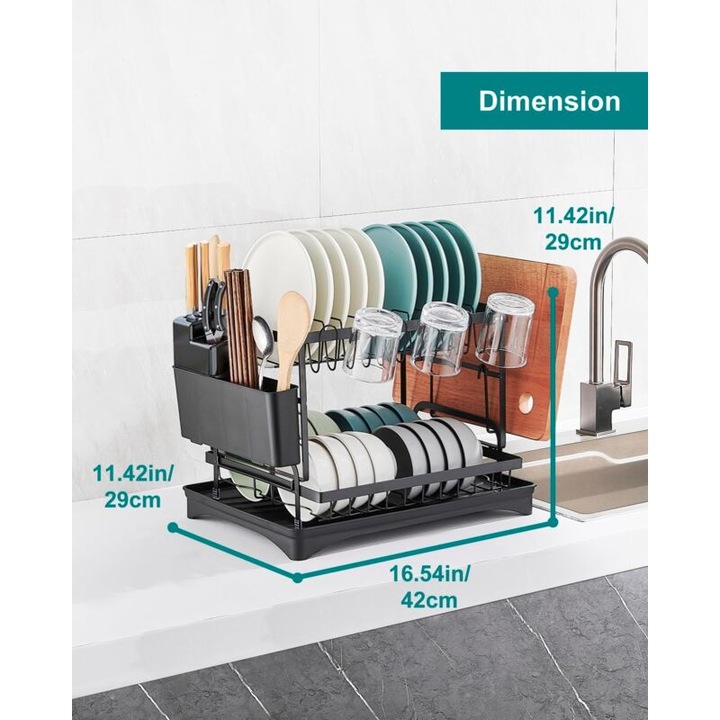 2 szintes edényszárító, evőeszköztartóval, fekete design, 42x30x29cm