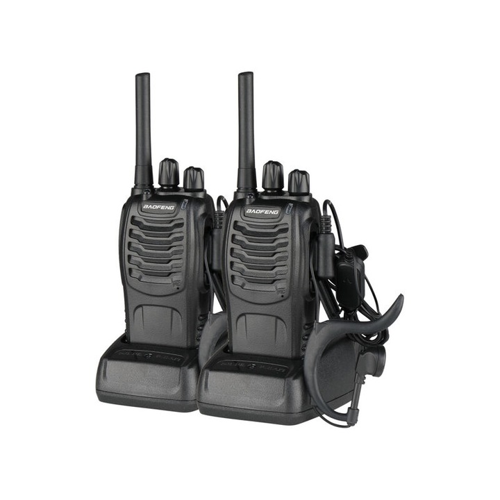 Statie radio Baofeng BF-88E, set 2 buc, 1500mAh, distanta de comunicare 1-3 km, culoare neagra, dimensiuni 12x5.5x2cm