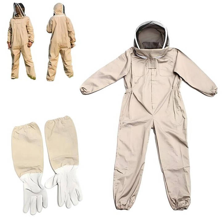 Costum de apicultura unisex, bumbac 100%, gluga cu plasa, bej, 2XL