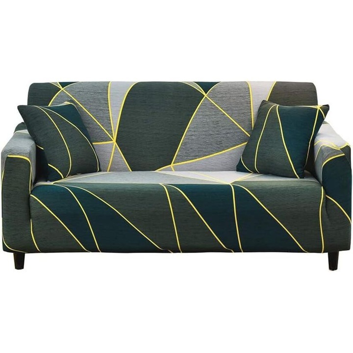 Husa universala pentru canapea, model geometric verde inchis, 145x185cm, material elastic, protectie completa
