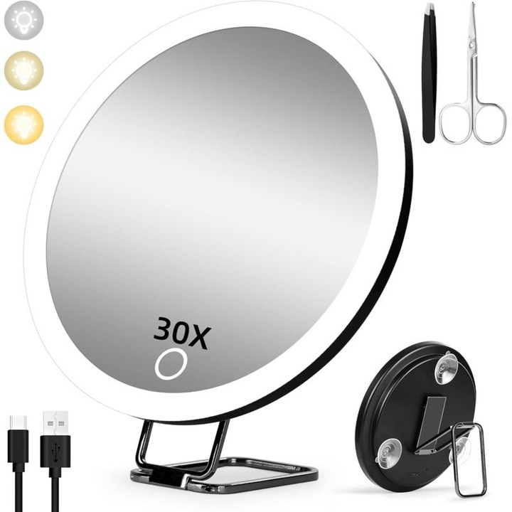 30X kozmetikai tükör, megvilágított, 15cm, tapadókorongokkal és 360°-os tartóval