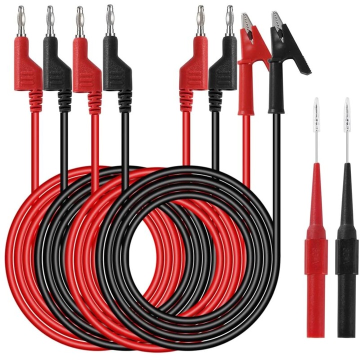 Set de cabluri de testare pentru multimetru, 6 piese, cu clipsuri crocodil si conectori banana de 4mm, negru si rosu, 1m, 1000V/15A