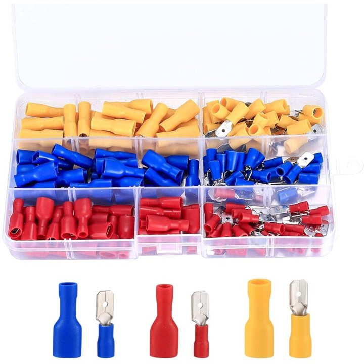 Set de conectori electrici crimp, 150 piese, rosu, albastru, galben, izolati, pentru aplicatii auto si marine
