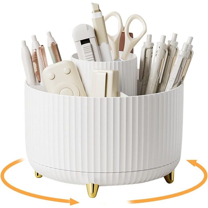 Suport birou rotativ, 5 compartimente, design alb, 16x16x13cm