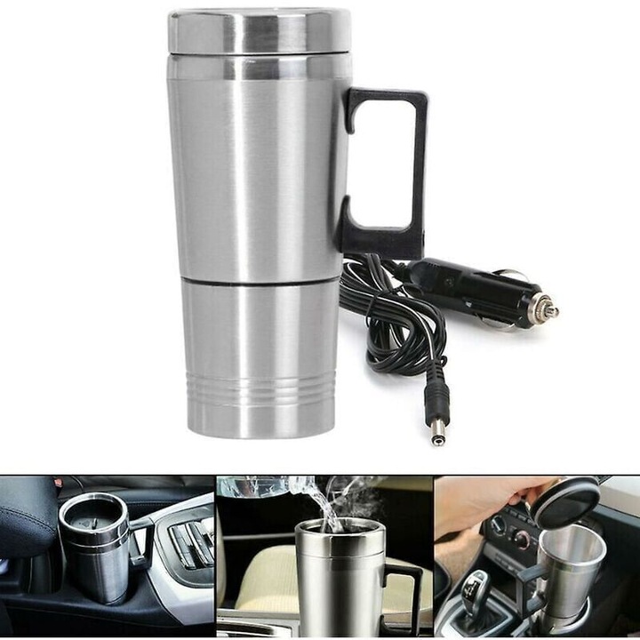 Cana termica auto, 300ml, cu priza 12V, izolatie vacuum, capac sigilat, pentru apa, cafea, ceai