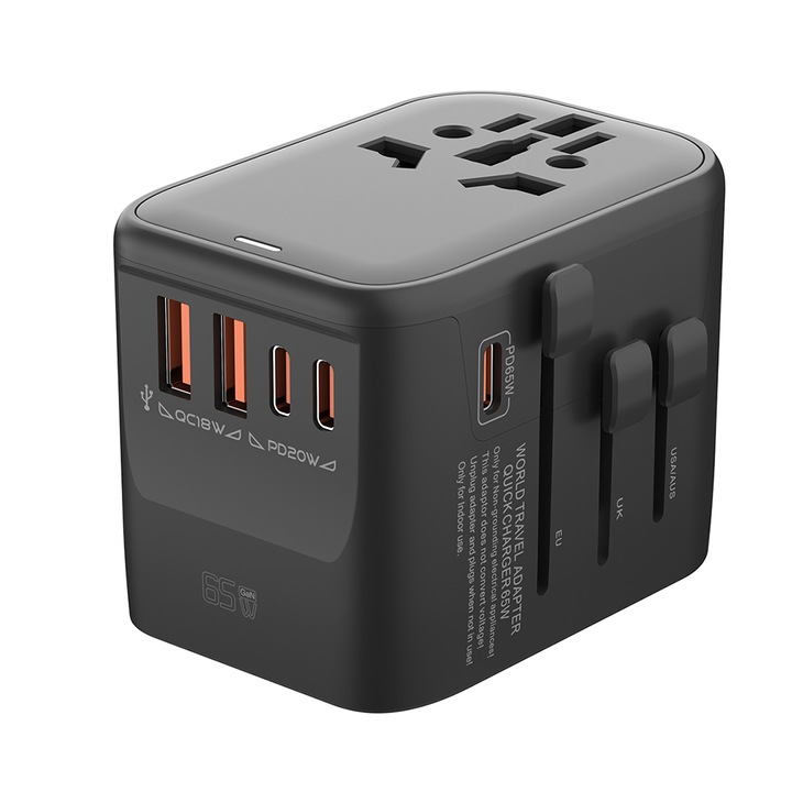 Accesorii prize si intrerupatoare, 65W Adaptor Incarcator Universal, International Priza de CalatorieConvertor, 2xQC18W USB-A, 2xPD 20W Type-C.1xPD 65W Type-C pentru US, UK EU, AU, Asia, Negru