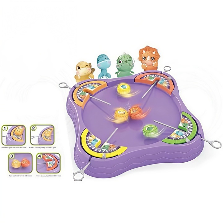 Joc interactiv Dino Battle Gyro, set cu arena, 4 lansatoare, discuri titirez colorate, 31x31x6cm