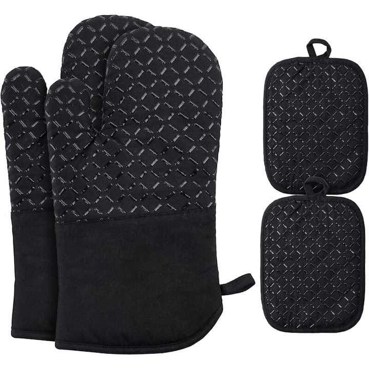 Konyhai kesztyű, 4 darabos szett, hőálló, fekete, univerzális méret