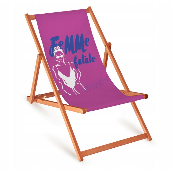 Sezlong din lemn de fag, pliabil, cu imprimeu, 110x55cm, pentru terasa si gradina