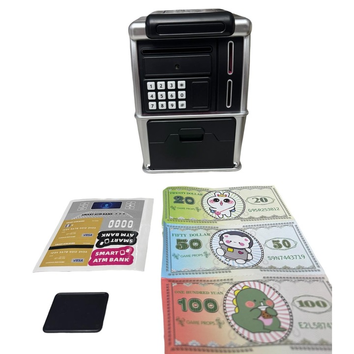 Interaktív elektronikus játék bankautomata hangeffektekkel, kiegészítő készlettel, 20,5x14,5x12cm