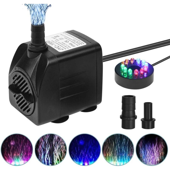 Pompa submersibila pentru apa, 15W, 12 LED-uri colorate, 2 duze, 1.5m inaltime maxima, 72x63x54mm, cablu 1.8m