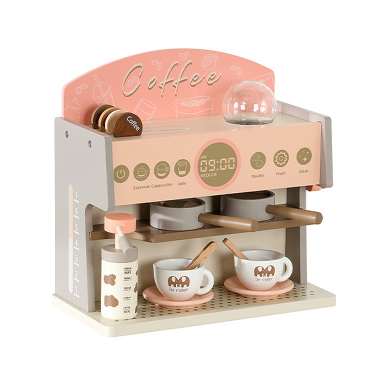 Комплект играчка еспресо машина Монтесори, модерен дизайн, естествено дърво, 36x17x34см, за момичета, 2-7 години
