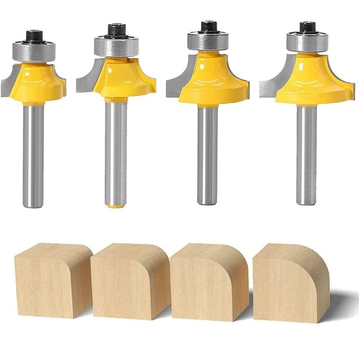 Set freze din metal dur, 8mm, 4 manere rotunde, raze 1/8", 3/16", 5/16", 1/4"