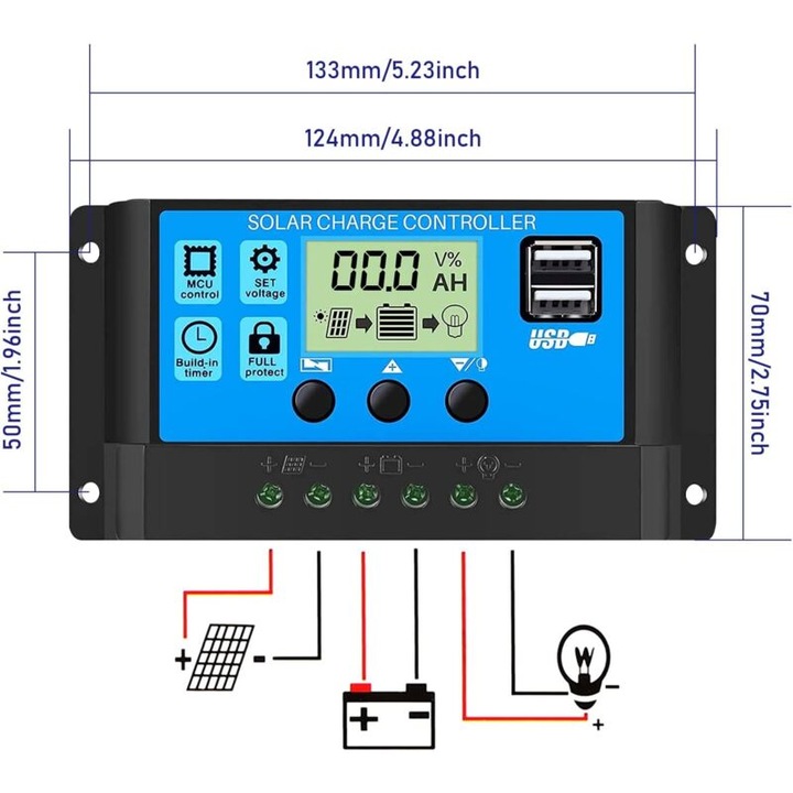 Regulator solar de incarcare 30A, 12V/24V, cu 2 porturi USB 5V si display LCD, pentru baterii cu plumb