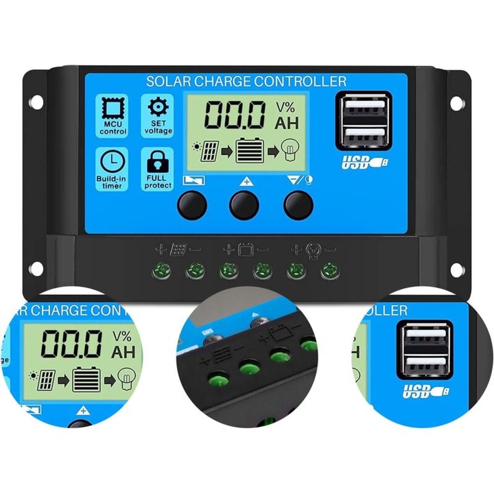 Regulator solar de incarcare 30A, 12V/24V, cu 2 porturi USB 5V si display LCD, pentru baterii cu plumb