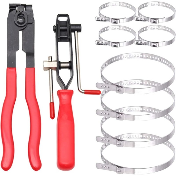 Set de 10 cleme si clesti pentru furtunuri, clesti universali pentru articulatii, 4 clesti mici, 4 clesti mari, o pereche de clesti de taiat, o pereche de clesti pentru cupe