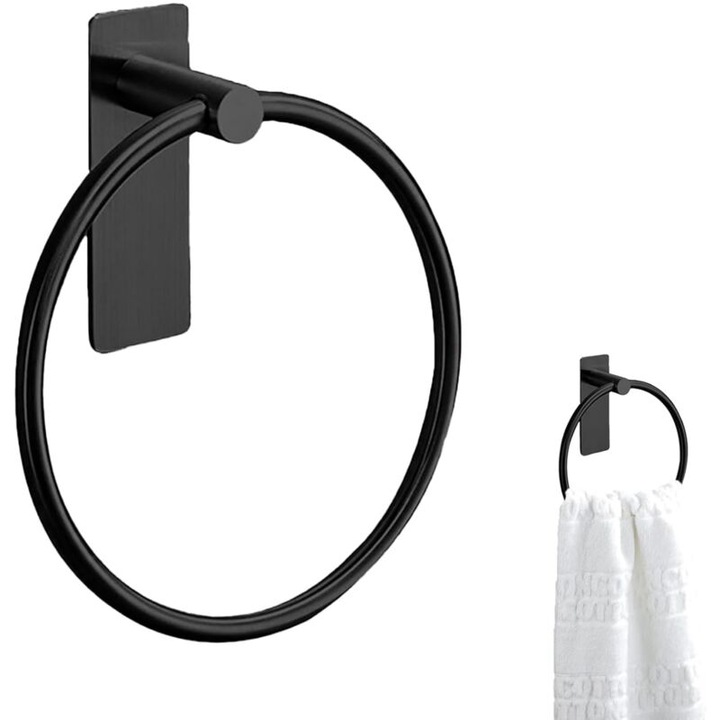 Suport pentru prosoape rotund, inoxidabil, negru, 17x15,7x4,5cm, autoadeziv