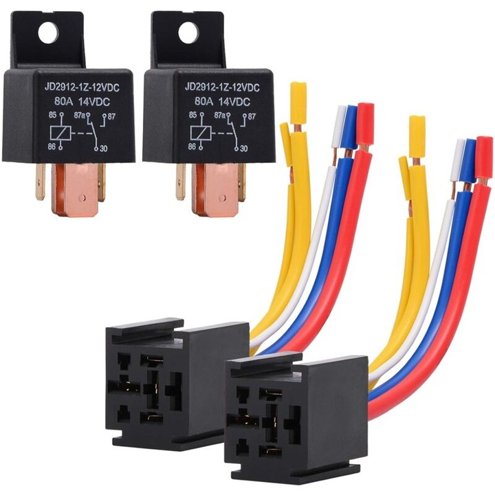 Set de 2 relee auto 80A 12V cu soclu si cablaj, 5 pini, pentru motor camion