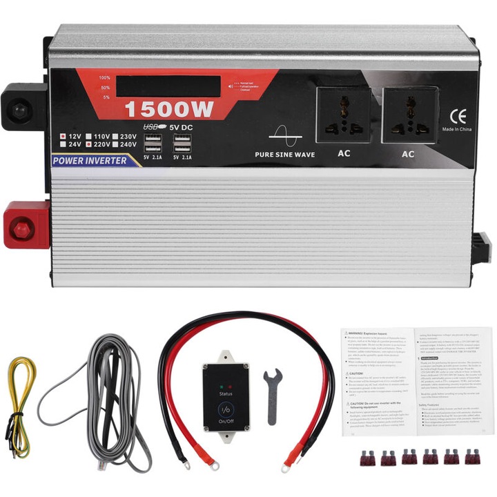 Inverter auto 1500W, 12V, cu control de la distanta, 2 prize AC, 6 porturi USB, protectie la supratensiune, supracurent, suprasarcina, scurtcircuit, racire cu ventilator