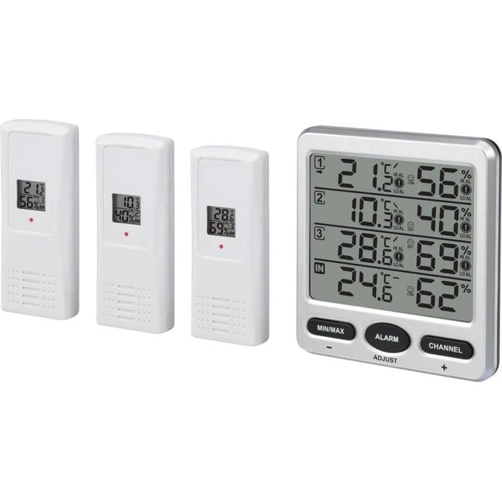 Termometru Meteo Digital Radio-Controlat, 3 Senzori, Alarma Umiditate, Culoare Argintie, Dimensiuni 115x125x22.5mm