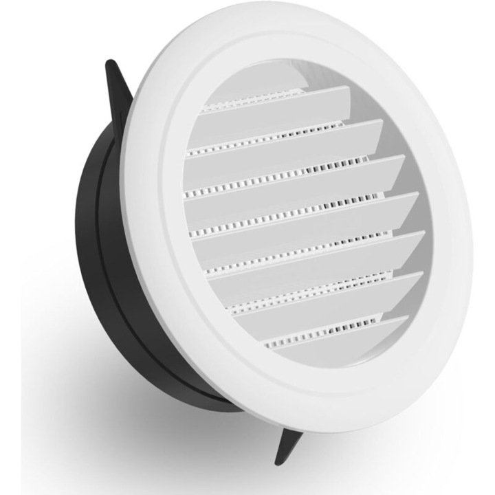 Grila de ventilatie rotunda 125mm cu plasa anti-insecte, pentru utilizare interioara si exterioara, montare pe perete sau tavan