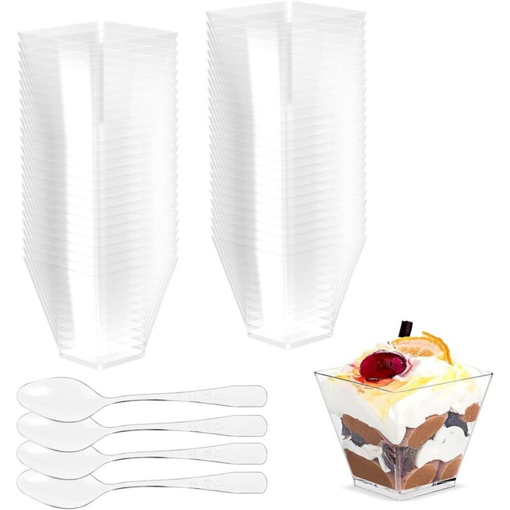 Set de 50 cupe pentru desert cu 50 linguri, 60ml, plastic reutilizabil, transparent, 5x4.5x3cm