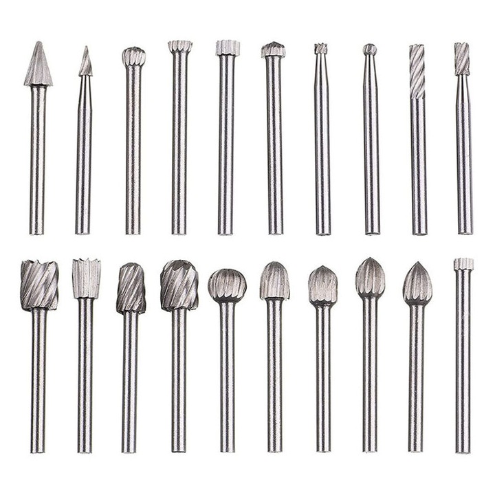 Set 20 accesorii pentru frezare, otel rapid, 1/8" (3 mm) shank, argintiu