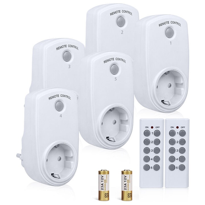 Set de 5 prize electrice programabile, cu telecomanda wireless, 2 telecomenzi incluse, raza de control 30m, functie On/Off
