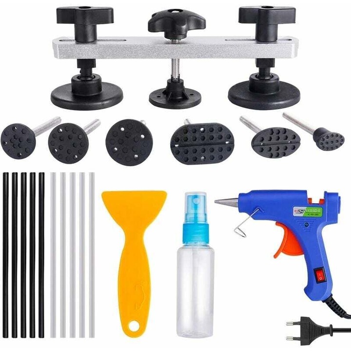 Kit complet de reparare a denivelarilor fara vopsea, 7 tavite, pistol de lipit cu 10 betisoare