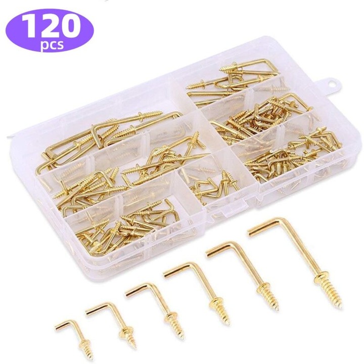 Set 120 bucati carlige patrate din metal placate cu aur, 6 dimensiuni, pentru acasa si birou