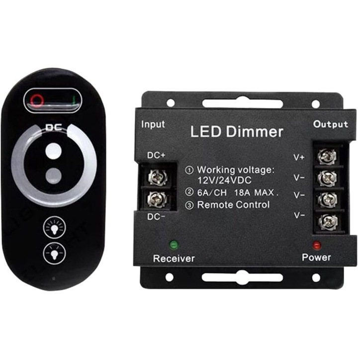 Dimmer wireless cu atingere pentru benzi LED 12V, 18A, cu telecomanda, 20m raza de actiune, negru