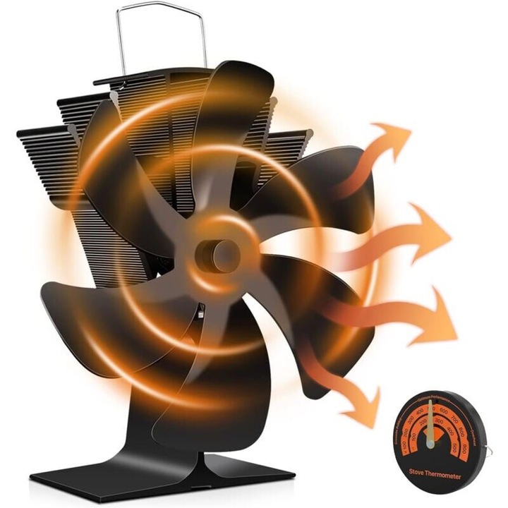 Ventilator pentru soba cu 6 palete, protectie impotriva supraincalzirii, functionare silentioasa, negru