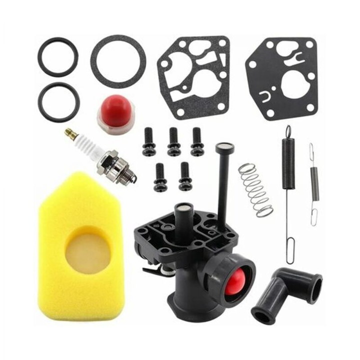 Kit carburator pentru motocoase, 1 carburator, 5 suruburi, 2 garnituri, 1 filtru de aer, 3 diafragme, 1 pompa de combustibil, 2 arcuri guvernator, 1 bujie, 1 arc