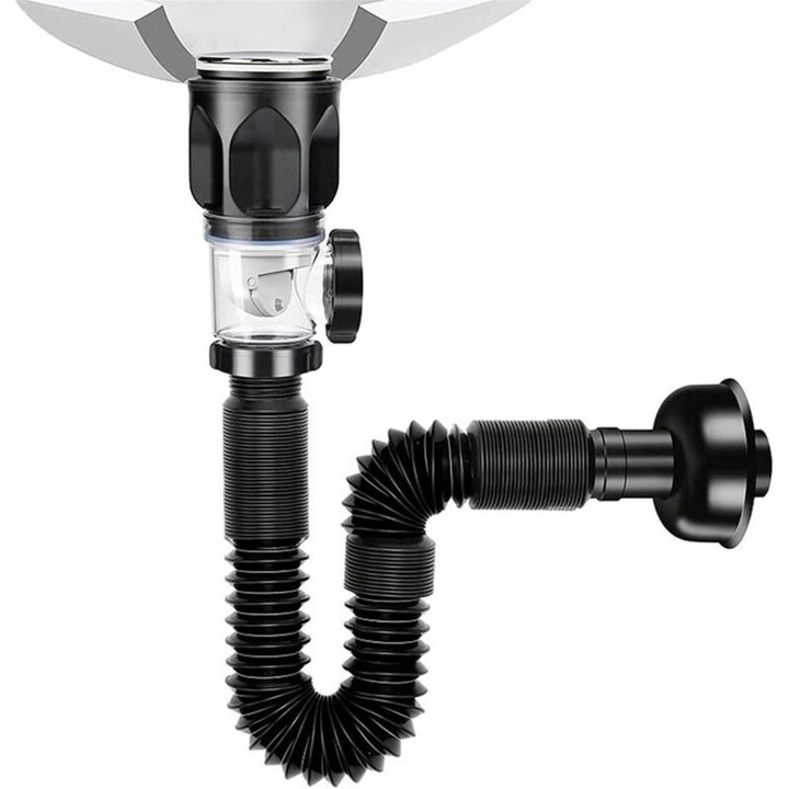 Sifon P, extensie pentru chiuveta, instalare rapida, anti-scurgere, 3.8cm, flexibil, negru