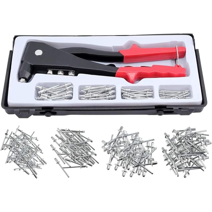 Set cleste pentru nituri cu 100 de nituri oarbe, 4 dimensiuni, multicolor, 26.5x9x3cm