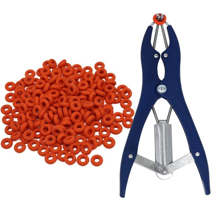 Cleste de castrare, inox, 100 inele elastice, 21.5cm, albastru