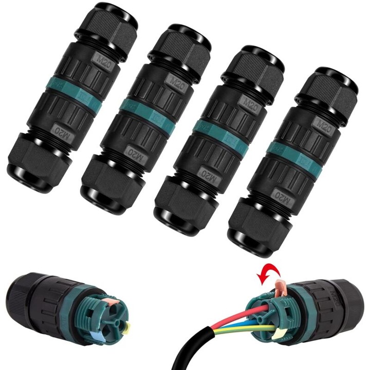 Set de 4 cutii de jonctiune electrice IP68, 3 pini, pentru cablu O9-12 mm, negru/albastru
