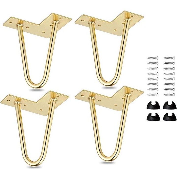 Set de 4 picioare de masa metalice, 10 cm, cu protectii pentru podea si suruburi, pentru mese de cafea si suporturi TV