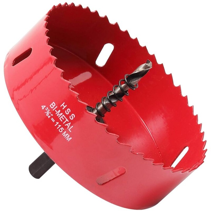 Carota cu gauri, 115 mm, otel rapid HSS M42, set pentru lemn, gips-carton si metal, rosu