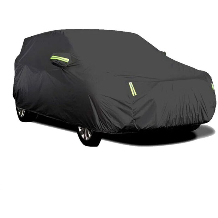 Husa auto, neagra, impermeabila, cu benzi reflectorizante, dimensiuni S-4.50x1.75x1.50m, M-4.7x1.8x1.5m, L-4.9x1.8x1.5m