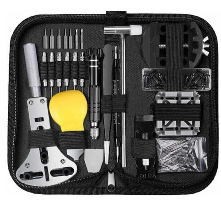Set de unelte pentru repararea ceasurilor, 153 piese, deschizator de carcasa, surubelnita, instrument pentru curea, instrument pentru inlocuirea bateriei, dimensiune ajustabila.