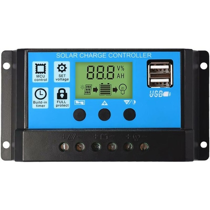 Regulator de incarcare solar PWM, 12V/24V, 30A, ecran LCD, 2 porturi USB, 13.3x6.9x3.5cm