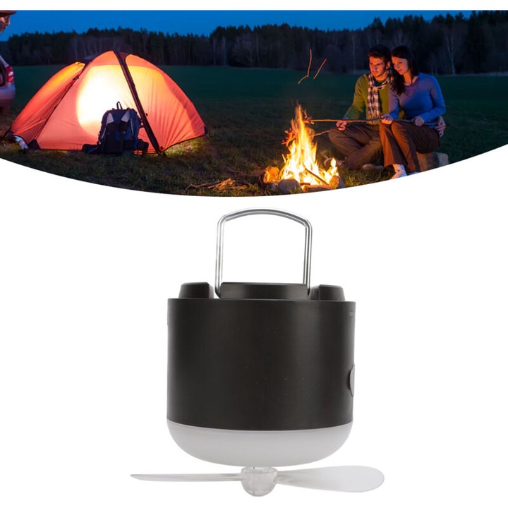 Lanterna de camping cu ventilator si functie de pulverizare, IPX7, 1200mAh, neagra, set complet