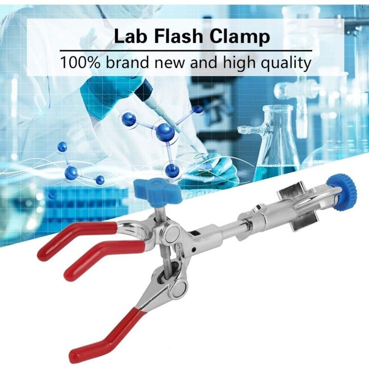 Clema de laborator cu 3 degete, metal, 22cm, prinderi acoperite cu plastic, set