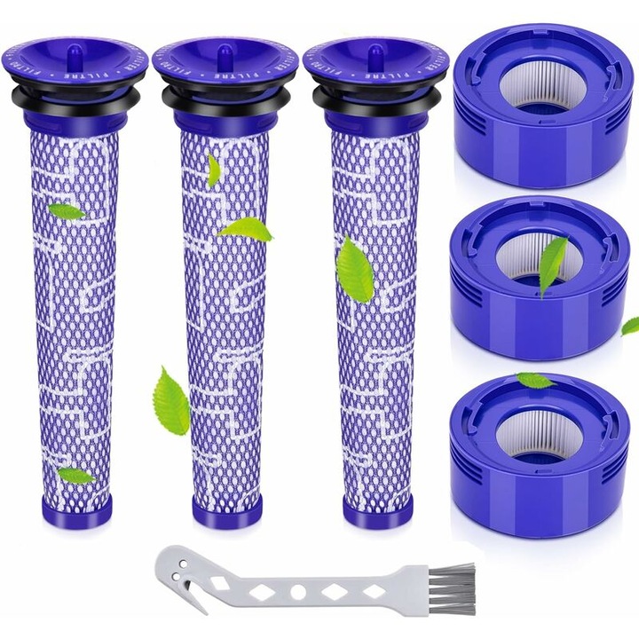 Set de filtre HEPA pentru aspiratoare Dyson V7 si V8, 3 pre-filtre, 3 post-filtre, 1 perie de curatare alba