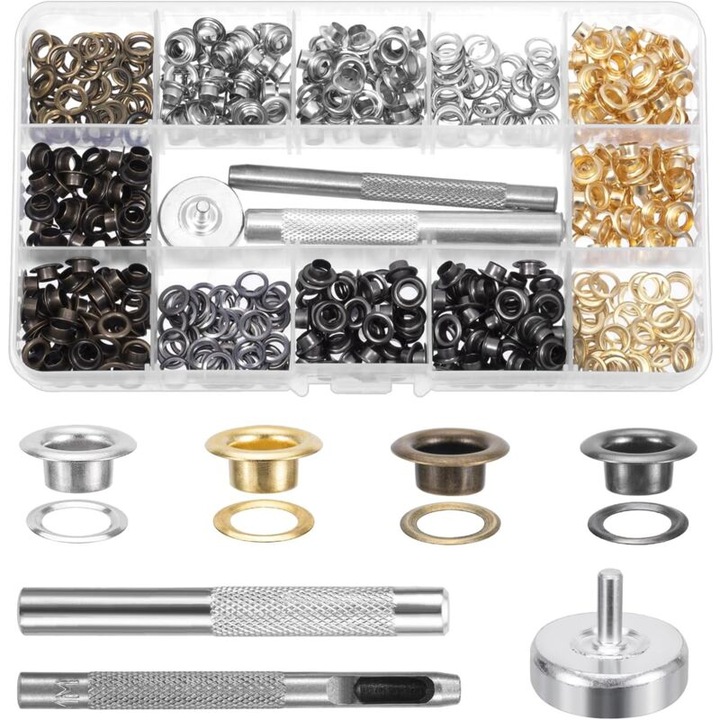 400 darabos fűzőlyuk készlet, 5mm, ezüst, arany, bronz, fekete, lyukasztó és behelyező szerszámokkal, műanyag dobozban